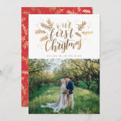 Onze eerste kerstfoto met handschrift Pas getrouwd Feestdagenkaart (Voorkant / Achterkant)