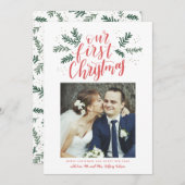 Onze eerste kerstfoto met handschrift Pas getrouwd Feestdagenkaart (Voorkant / Achterkant)