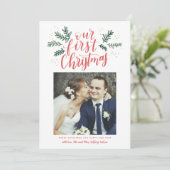 Onze eerste kerstfoto met handschrift Pas getrouwd Feestdagenkaart (Staand voorkant)