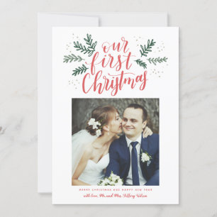 Onze eerste kerstfoto met handschrift Pas getrouwd Feestdagenkaart