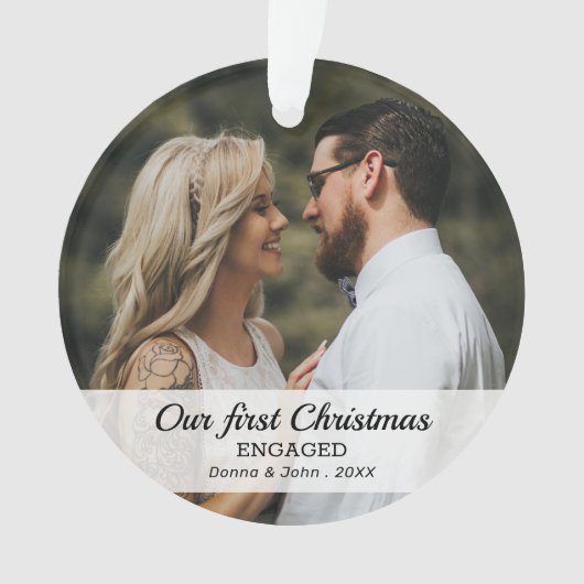 Onze eerste kerstfoto met modern script ornament (voorkant)