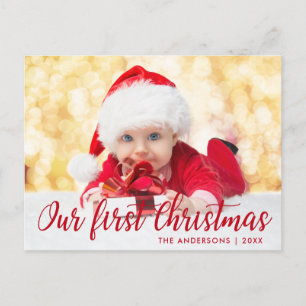 Onze eerste kerstfoto met rood script briefkaart
