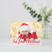 Onze eerste kerstfoto met rood script briefkaart (Staand voorkant)