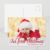 Onze eerste kerstfoto met rood script briefkaart (Voorkant / Achterkant)