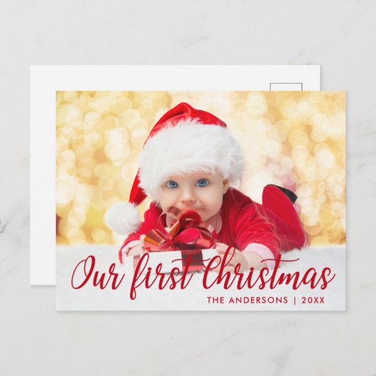 Onze eerste kerstfoto met rood script briefkaart (Voorkant / Achterkant)