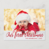 Onze eerste kerstfoto met rood script briefkaart (Voorkant)