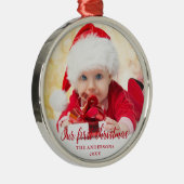 Onze eerste kerstfoto met rood script metalen ornament (Rechts)
