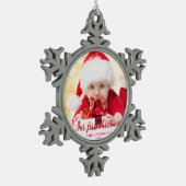 Onze eerste kerstfoto met rood script tin sneeuwvlok ornament (Links)