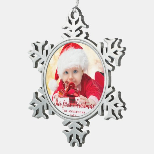 Onze eerste kerstfoto met rood script tin sneeuwvlok ornament (Rechts)