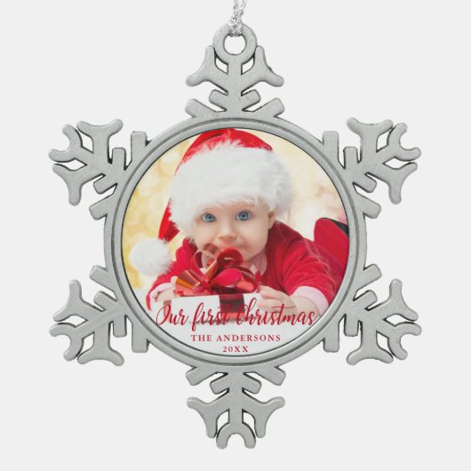 Onze eerste kerstfoto met rood script tin sneeuwvlok ornament (Voorkant)