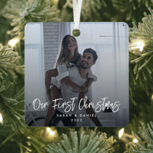 Onze eerste kerstfoto Modern Minimal Elegant Metalen Ornament