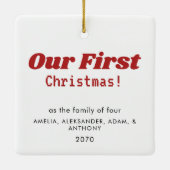 Onze eerste kerstfoto moderne kalligrafie keramisch ornament (Achterkant)