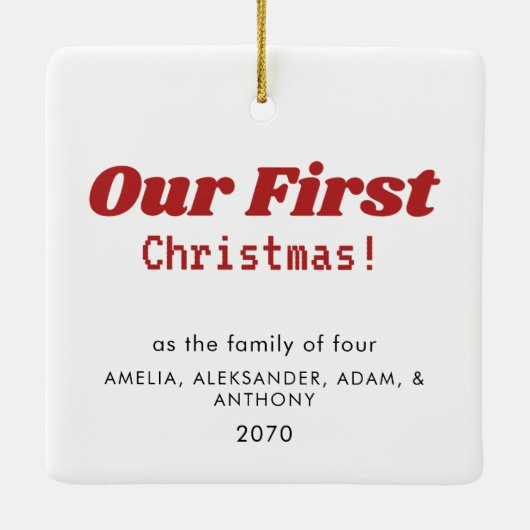 Onze eerste kerstfoto moderne kalligrafie keramisch ornament (Achterkant)