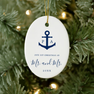 Onze eerste kerstfoto-monogram Nautical Gay Keramisch Ornament