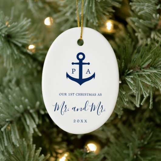 Onze eerste kerstfoto-monogram Nautical Gay Keramisch Ornament (Boom)