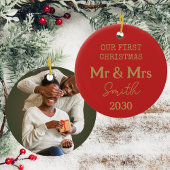 Onze eerste kerstfoto Mr en Mrs Red en Gold Keramisch Ornament