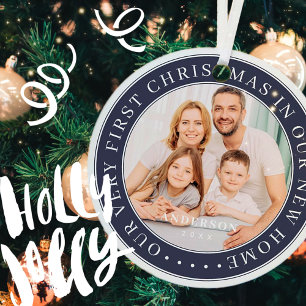 Onze eerste kerstfoto Nieuwe Thuishuisfamilie Foto Metalen Ornament