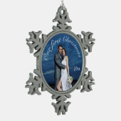 Onze eerste kerstfoto op maat tin sneeuwvlok ornament (Links)