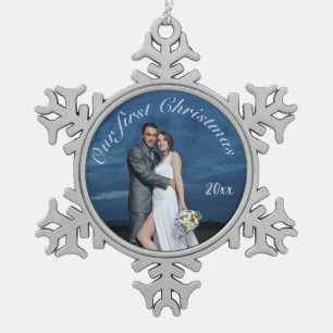 Onze eerste kerstfoto op maat tin sneeuwvlok ornament