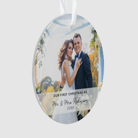 Onze eerste kerstfoto Pas getrouwd Ornament (voorkant)