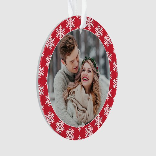 Onze eerste kerstfoto Red Snowflake Ornament (voorkant)