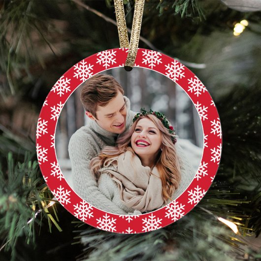 Onze eerste kerstfoto Red Snowflake Ornament