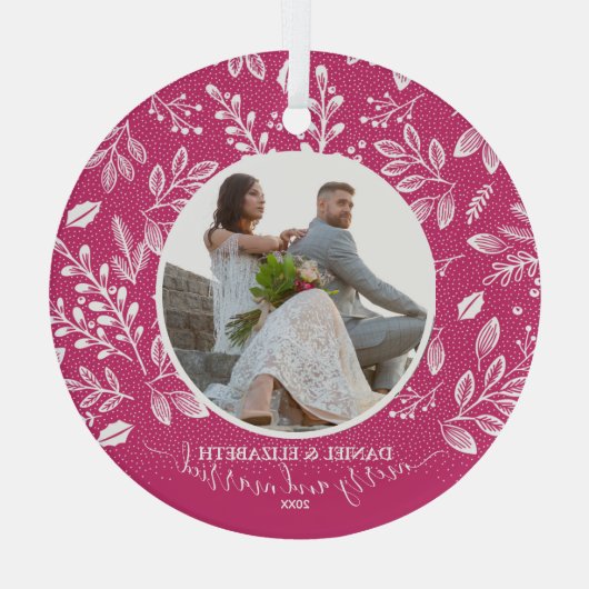 Onze eerste kerstfoto Roze Glas Ornament (Achterkant)