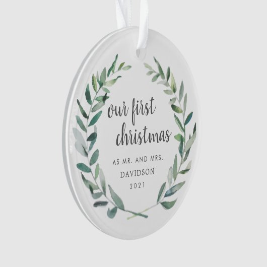 Onze eerste kerstfoto Rustic Greenery Pas getrouwd Ornament (voorkant)