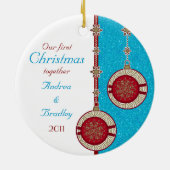 Onze eerste kerstfoto samen kerstversiering keramisch ornament (Achterkant)