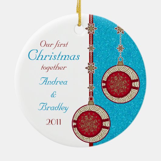 Onze eerste kerstfoto samen kerstversiering keramisch ornament (Achterkant)