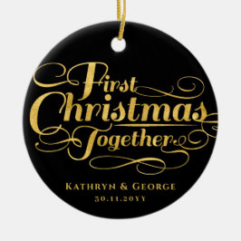 Onze eerste kerstfoto samen met Golden Script Keramisch Ornament