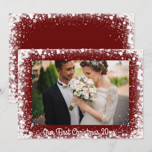 Onze eerste kerstfoto sneeuwfotografie Rood Feestdagenkaart (Voorkant / Achterkant)