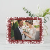 Onze eerste kerstfoto sneeuwfotografie Rood Feestdagenkaart (Staand voorkant)