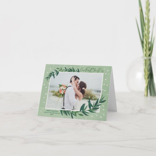 Onze eerste kerstfoto van de moderne botanische fo feestdagen kaart (Voorkant)