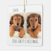 Onze eerste kerstfoto van een dansduif keramisch ornament (Links)