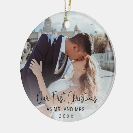 Onze eerste kerstfoto van Elegant Script Pas getro Keramisch Ornament (Links)