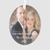 Onze eerste kerstfoto van het moderne script bruil ornament (voorkant)