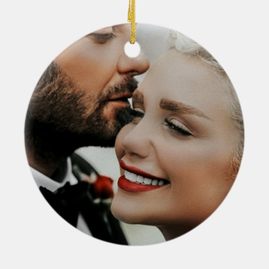 Onze eerste kerstfoto van het Witte Manuscript Wed Keramisch Ornament (Achterkant)