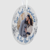 Onze eerste kerstfoto van New Home Blue en Silver Ornament (voorkant)