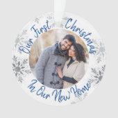 Onze eerste kerstfoto van New Home Blue en Silver Ornament (voorkant)