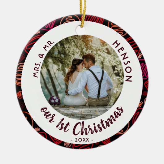 Onze eerste kerstfoto van Wdes Couple Keramisch Ornament (Voorkant)