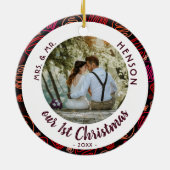 Onze eerste kerstfoto van Wdes Couple Keramisch Ornament (Achterkant)