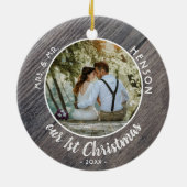 Onze eerste kerstfoto van Wdes Couple Keramisch Ornament (Achterkant)