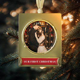 Onze eerste kerstfoto verguld banner ornament