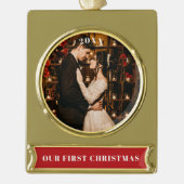 Onze eerste kerstfoto verguld banner ornament (Voorkant)