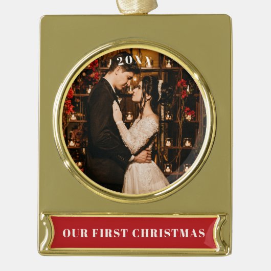 Onze eerste kerstfoto verguld banner ornament (Voorkant)