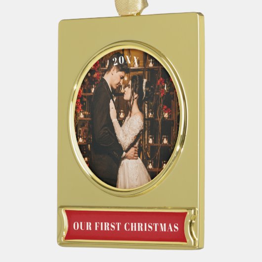 Onze eerste kerstfoto verguld banner ornament (Links)