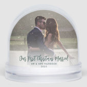 Onze eerste kerstfoto's bruiloft bedankt sneeuwbol (Voorkant)