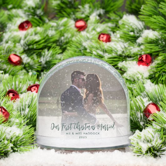 Onze eerste kerstfoto's bruiloft bedankt sneeuwbol (Kerstmis)