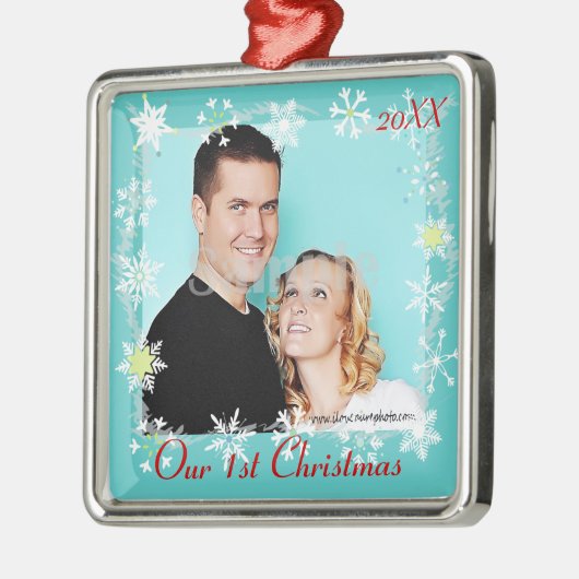 Onze eerste kerstfotoversiering metalen ornament (Links)